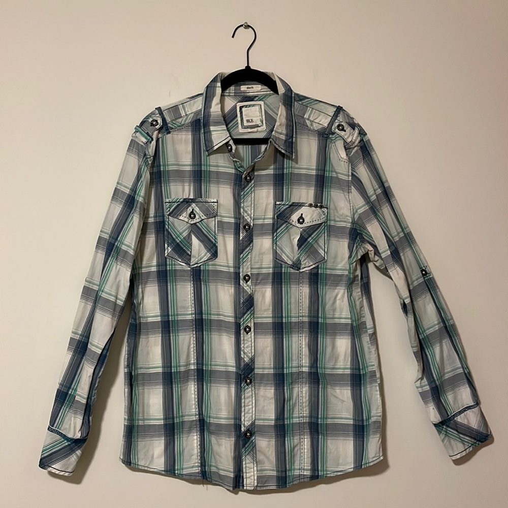 Men's BKE Buckle Western Green Blue Plaid Slim Fit Button Up long slv Shirt XL